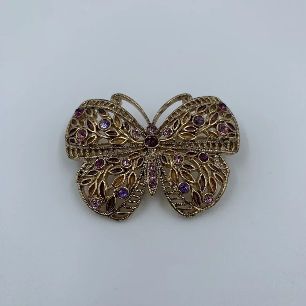 Vintage Gold Tone Filigree Butterfly Brooch Pin Purple Pink Amethyst Rhinestone